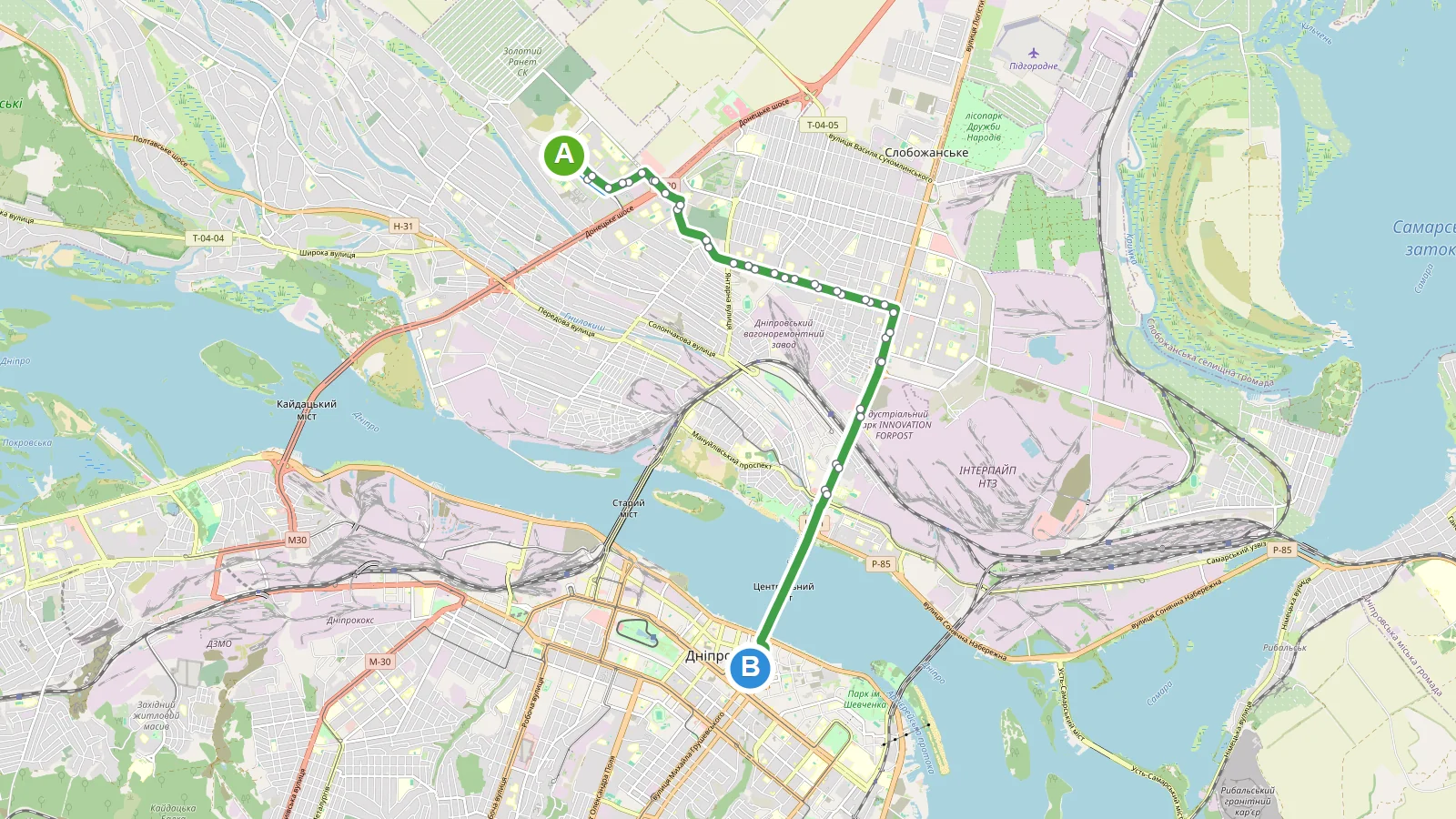 Карта маршруту Автобус 38 Дніпро