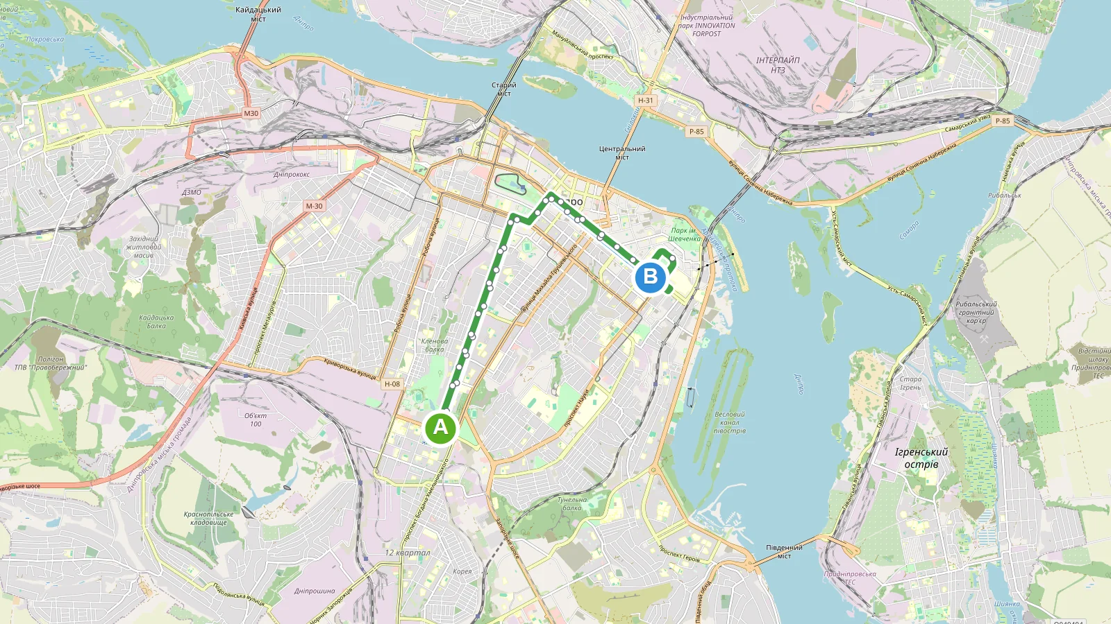 Карта маршруту РўСЂРѕР»РµР№Р±СѓСЃ 1 Р”РЅС–РїСЂРѕ