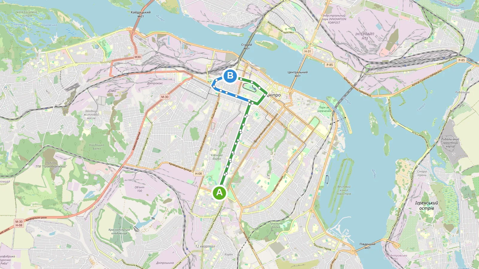 Карта маршруту РўСЂРѕР»РµР№Р±СѓСЃ 5 Р”РЅС–РїСЂРѕ