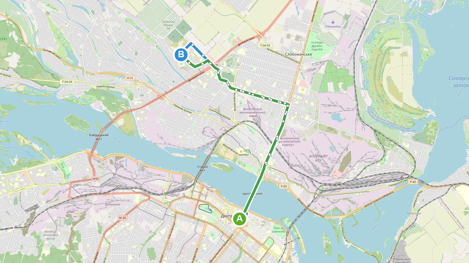Карта маршруту РўСЂРѕР»РµР№Р±СѓСЃ 20 Р”РЅС–РїСЂРѕ