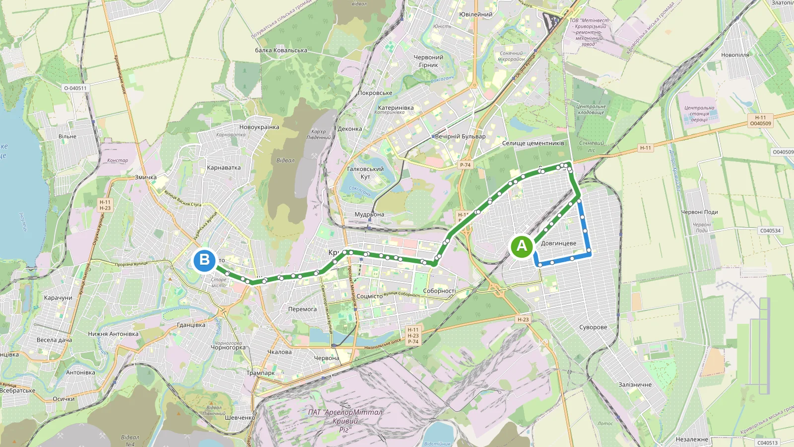 Схема маршруту: Тролейбус 20 Кривий Ріг